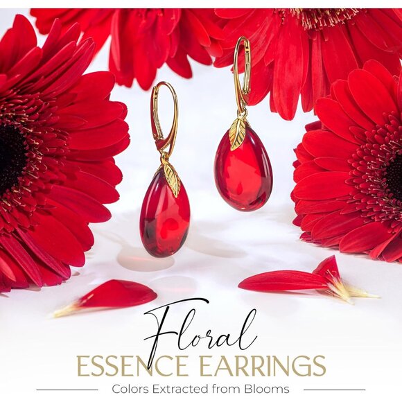 Red Earrings for Women - Gold Plated Silver Leaf Fitting and Closure, Lightweigh - Picture 3 of 10
